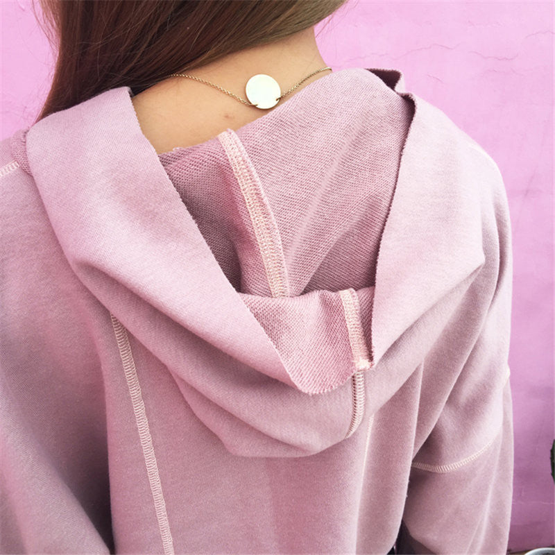 Hooded Long Sleeves Pure Color Casual Crop Top Sweatshirt