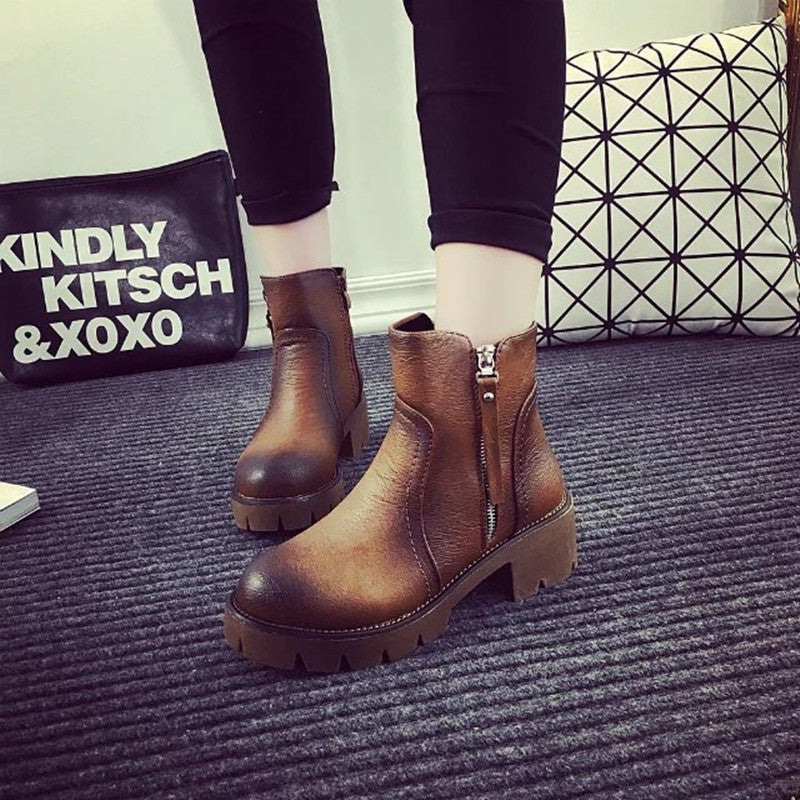 Side Zipper Round Toe Block Low Heel Ankle British Matin Boots