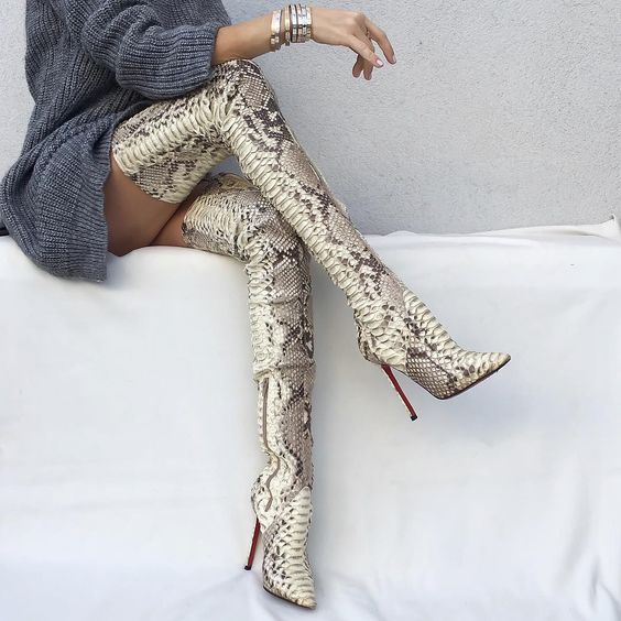 Snake-grain Pattern Pointed Toe Stiletto High Heels Over-knee Long Boots