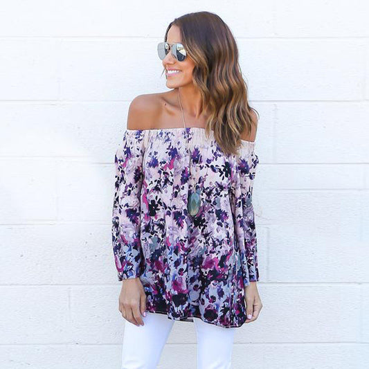 Fashion Off Shoulder Floral Print Sexy Blouse