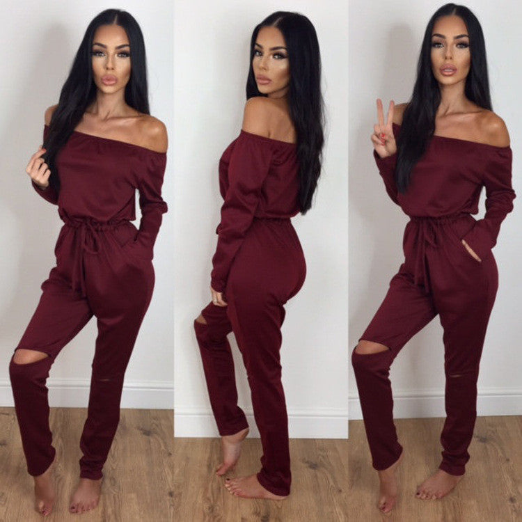 Off Shoulder Long Sleeve Draw String Waist Long Jumpsuit