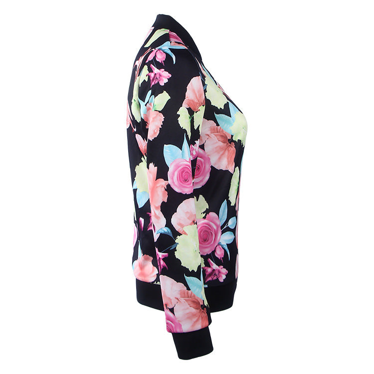 Flowers Print Stand Collar Patchwork Short Coat Jacket