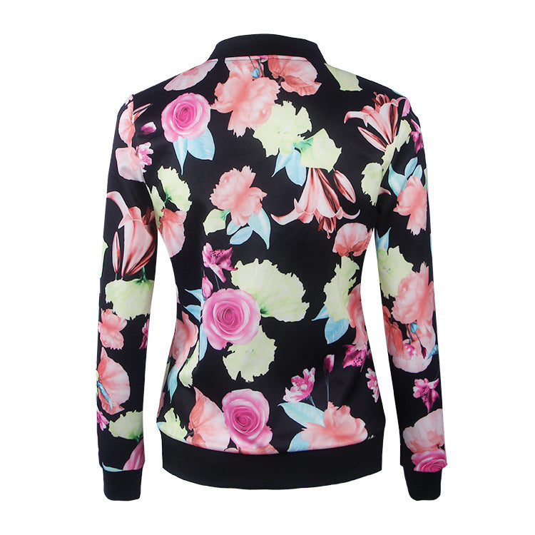 Flowers Print Stand Collar Patchwork Short Coat Jacket