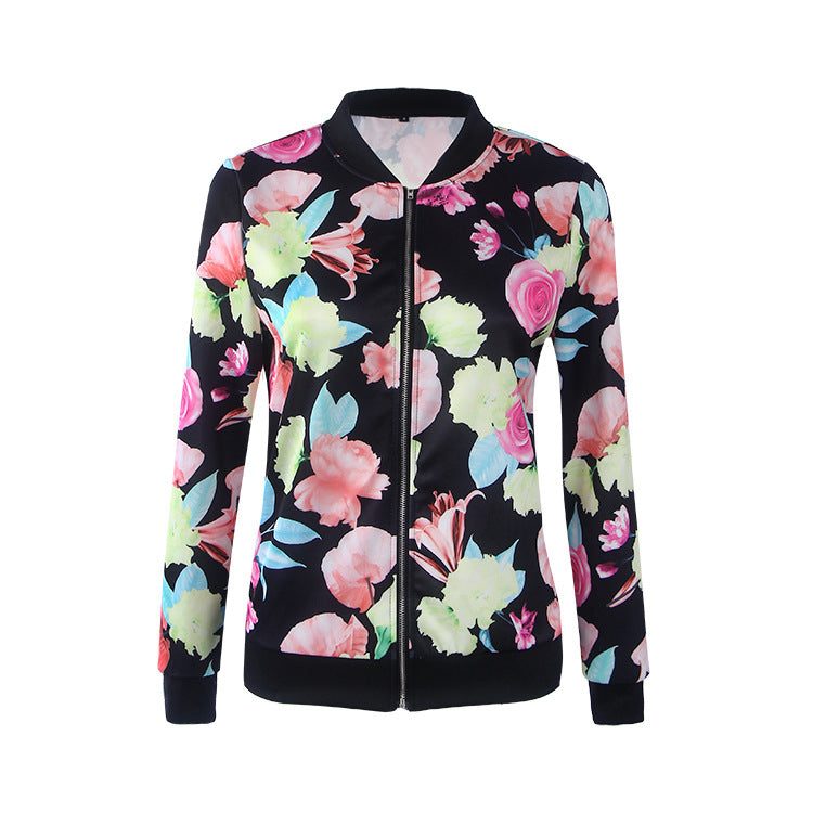 Flowers Print Stand Collar Patchwork Short Coat Jacket