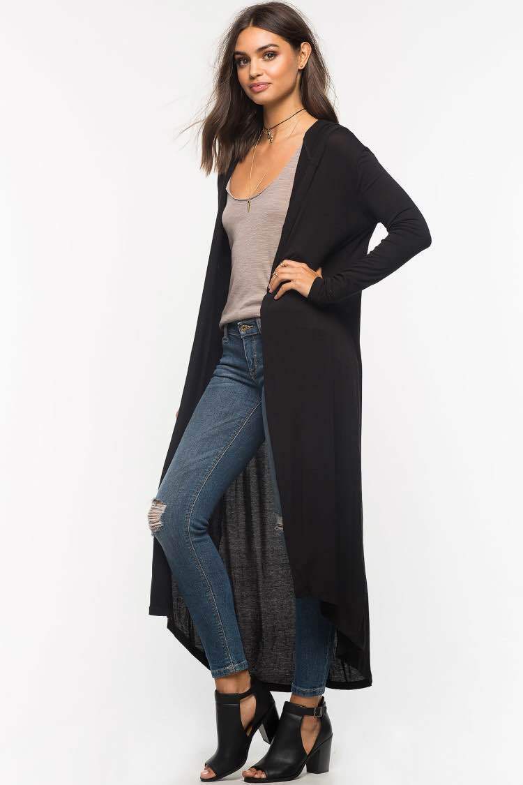 Pure Color Hooded Cardigan Long Sleeves Slim Long Outwear