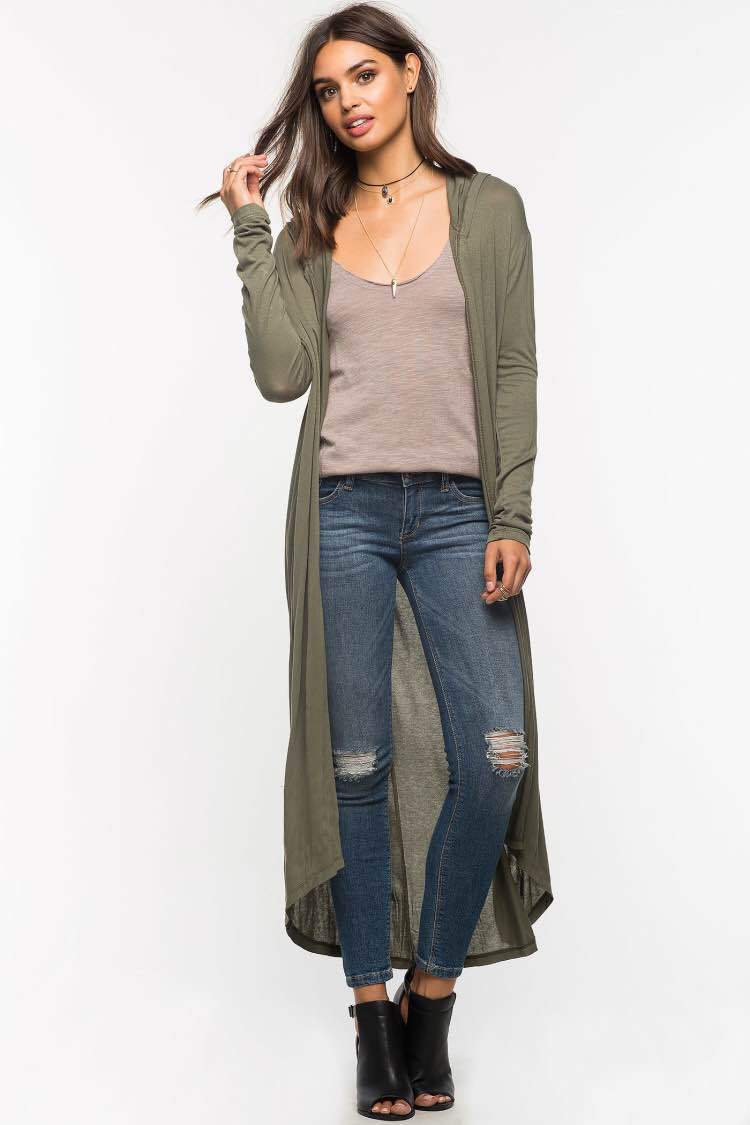 Pure Color Hooded Cardigan Long Sleeves Slim Long Outwear