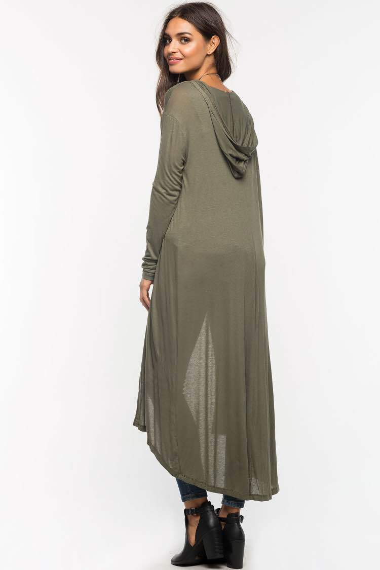 Pure Color Hooded Cardigan Long Sleeves Slim Long Outwear