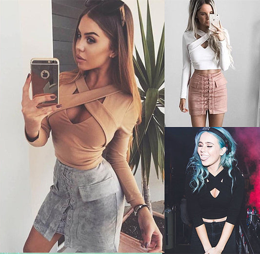 Sexy Criss Cross V Neck Long Sleeve Crop Top Blouse