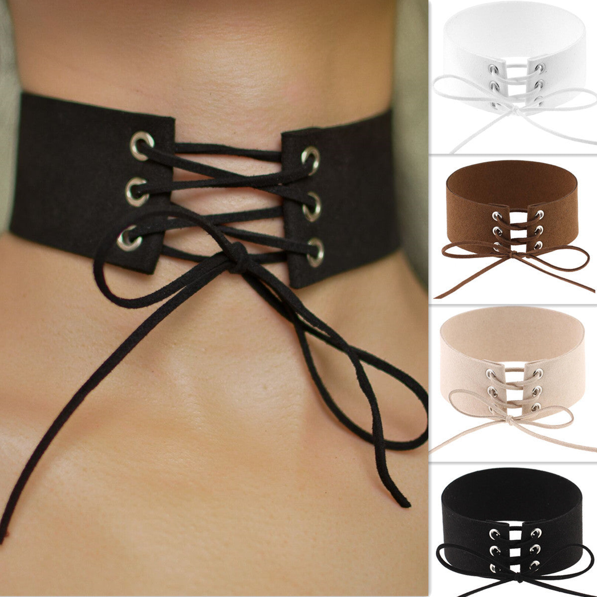 Exaggerated Wide Velvet Lace-Up Collars Necklace