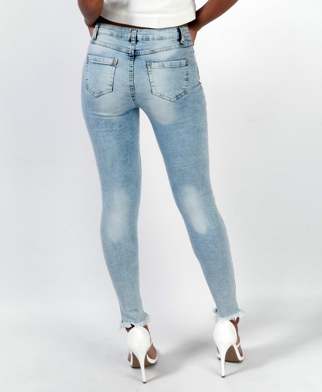 Sexy Light Blue Hole Low Waist Slim Pants 
