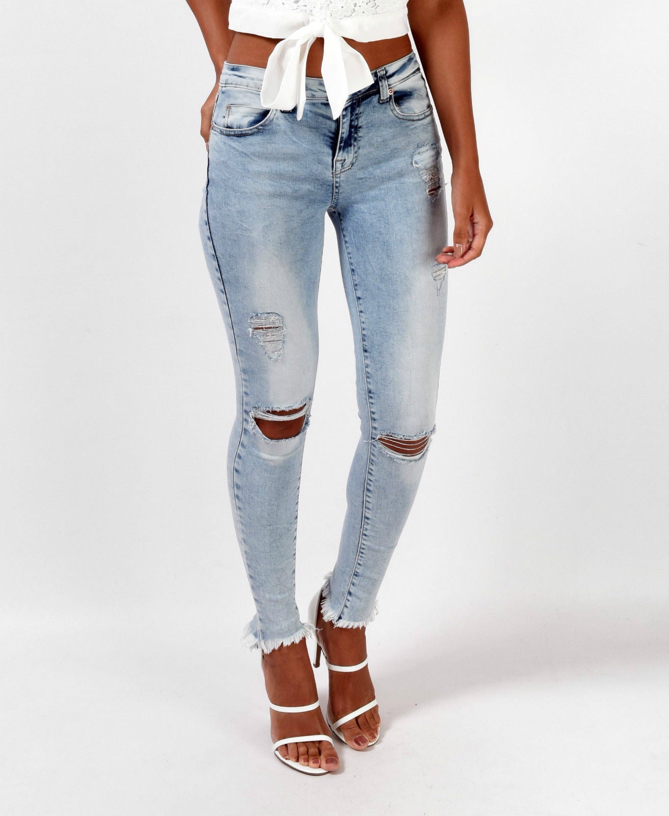 Sexy Light Blue Hole Low Waist Slim Pants 