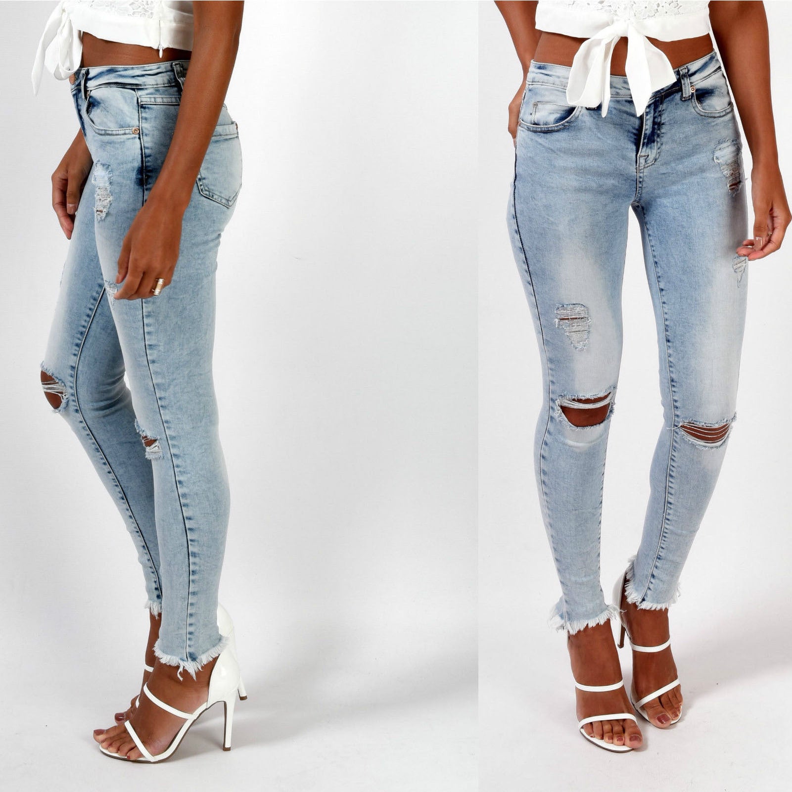 Sexy Light Blue Hole Low Waist Slim Pants 