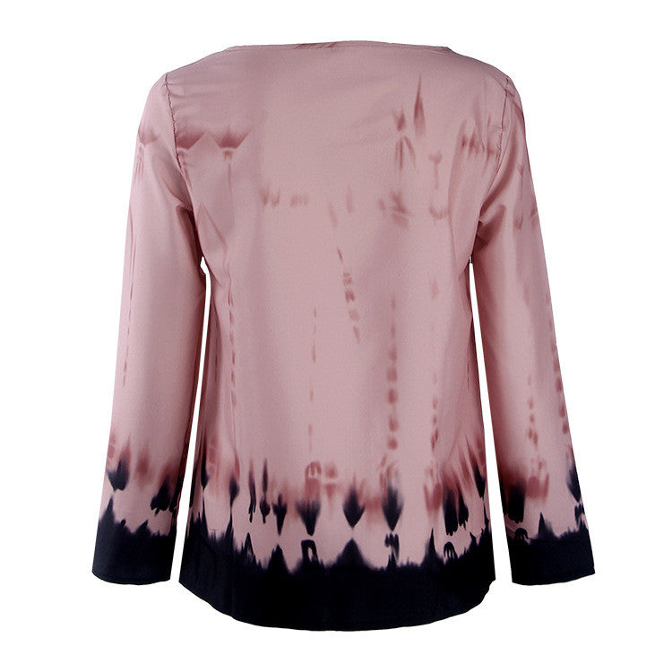 Fashion Pink Tie-Dye Leaking Print Long Sleeve Blouse