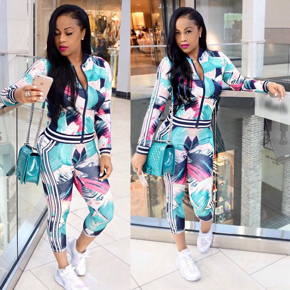 Print Zip Coat with Skinny Pants Two Pieces Set