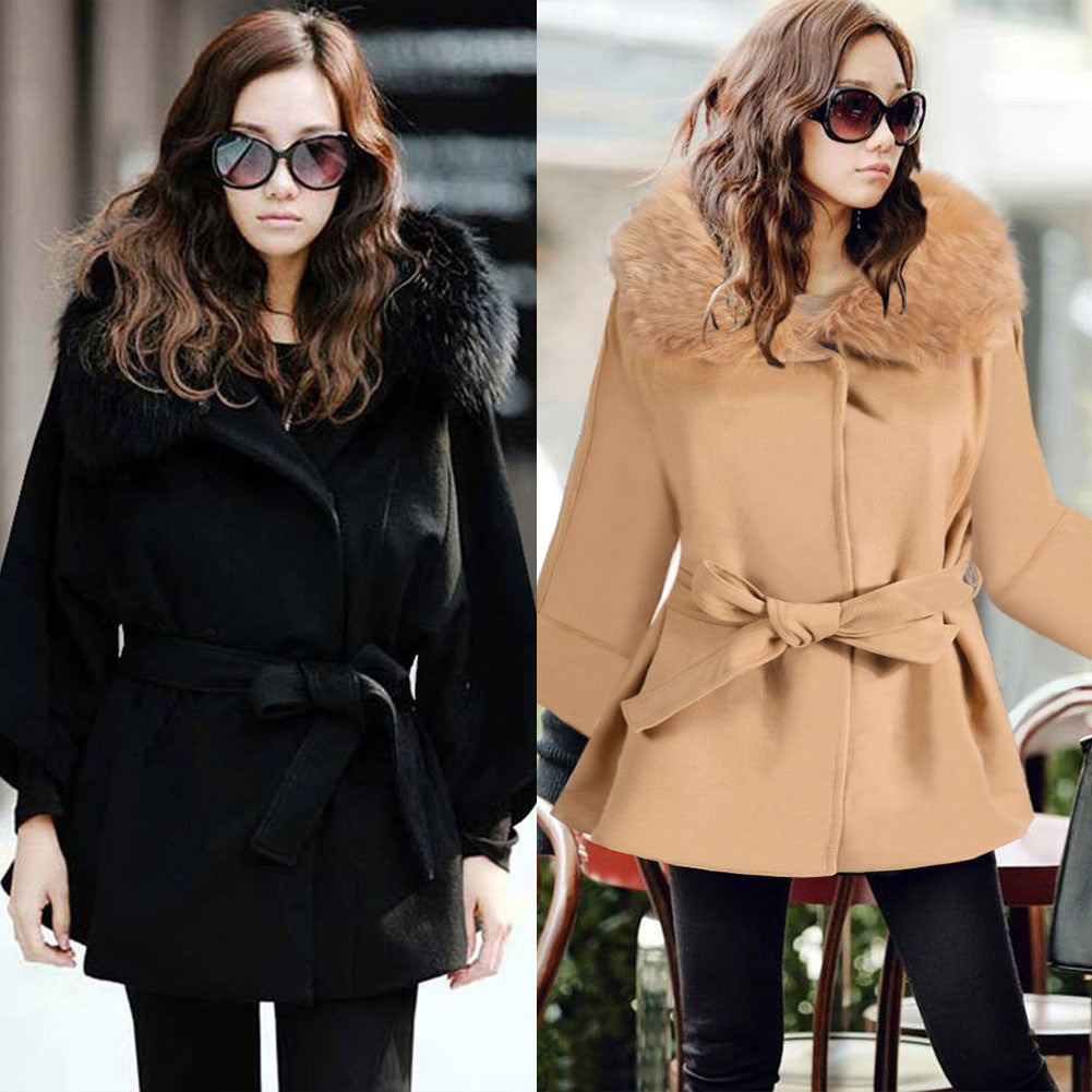 Wool Collar Long Sleeves Slim Wool Coat With Belt