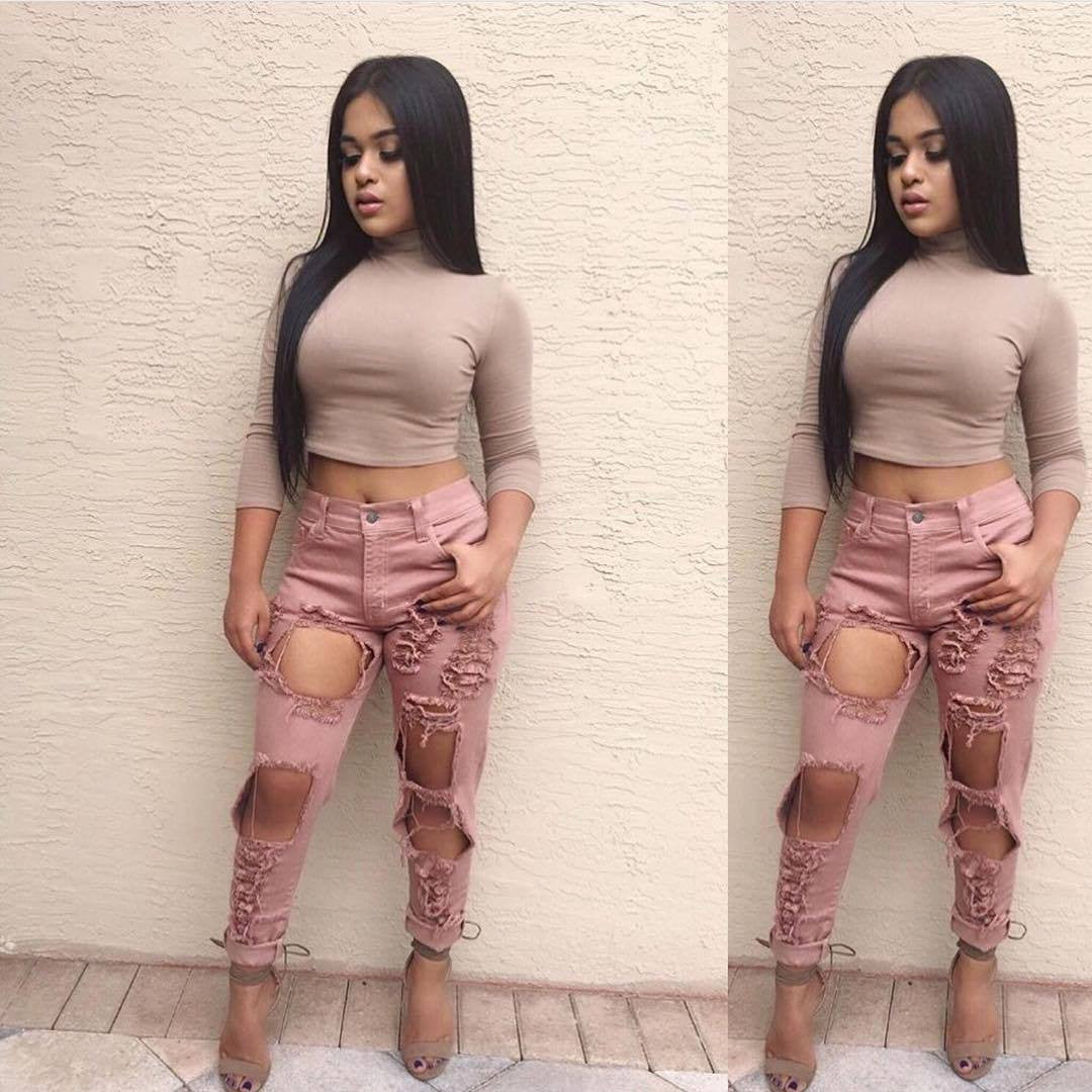 Pink Ripped Hole Low Waist Long Straight Jeans