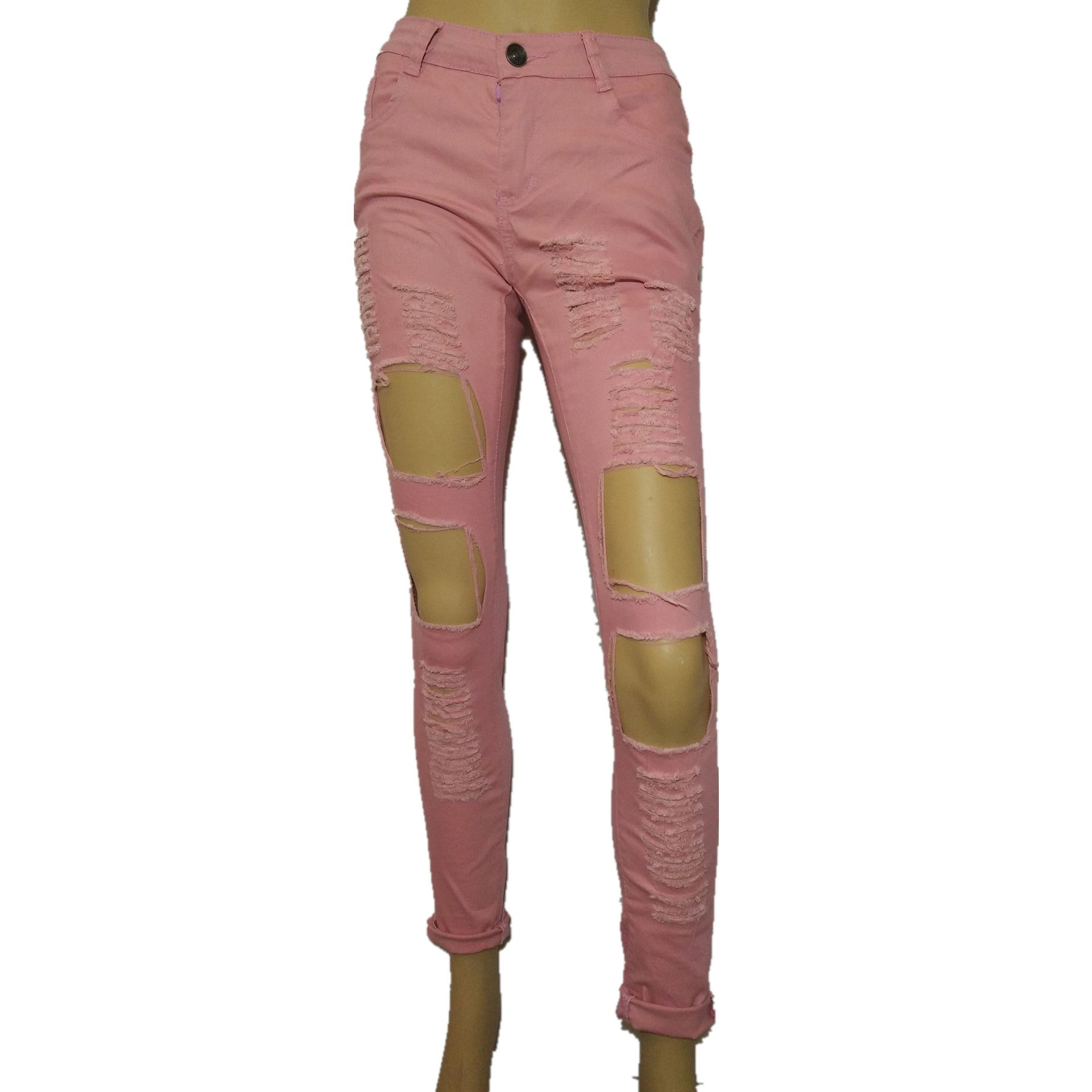 Pink Ripped Hole Low Waist Long Straight Jeans