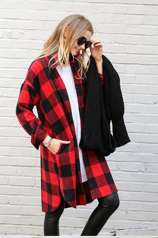 Plaid Button Loose Long Blouse