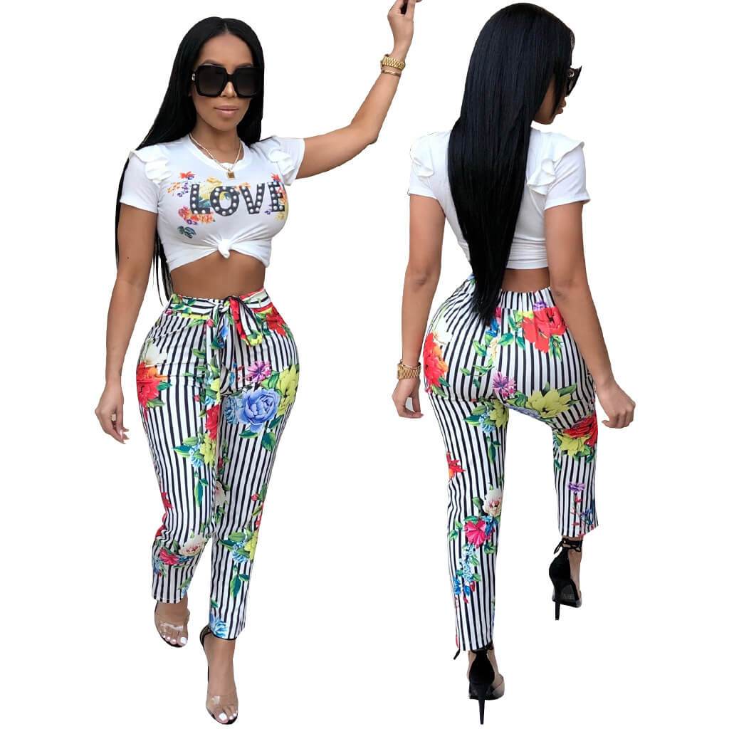 Letter Crop Top Striped Print Skinny Pants Set