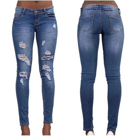 Solid Color Rough Holes Long Skinny Jeans Denim Pants