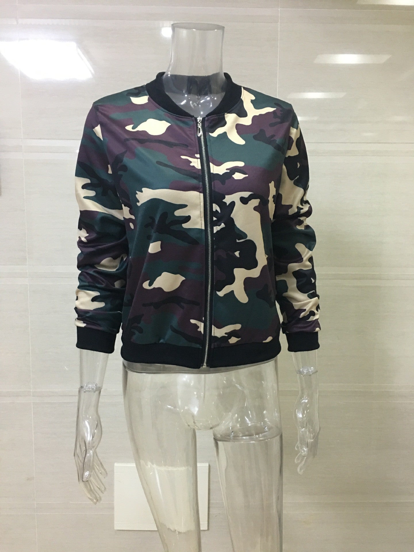 Camouflage Zippered Scoop Short Coat