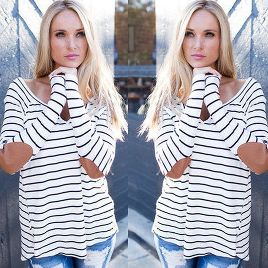 Fashion Stripe Print V Neck Long Sleeve Blouse