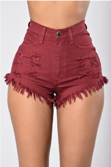 High Waist Pure Color Ripped Slim Women's Shorts