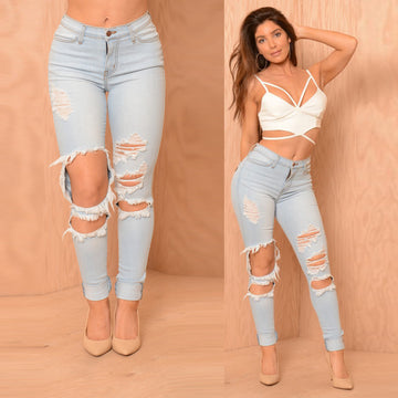 Low Waist Cut Out Rough Holes Curled Long Skinny Pants