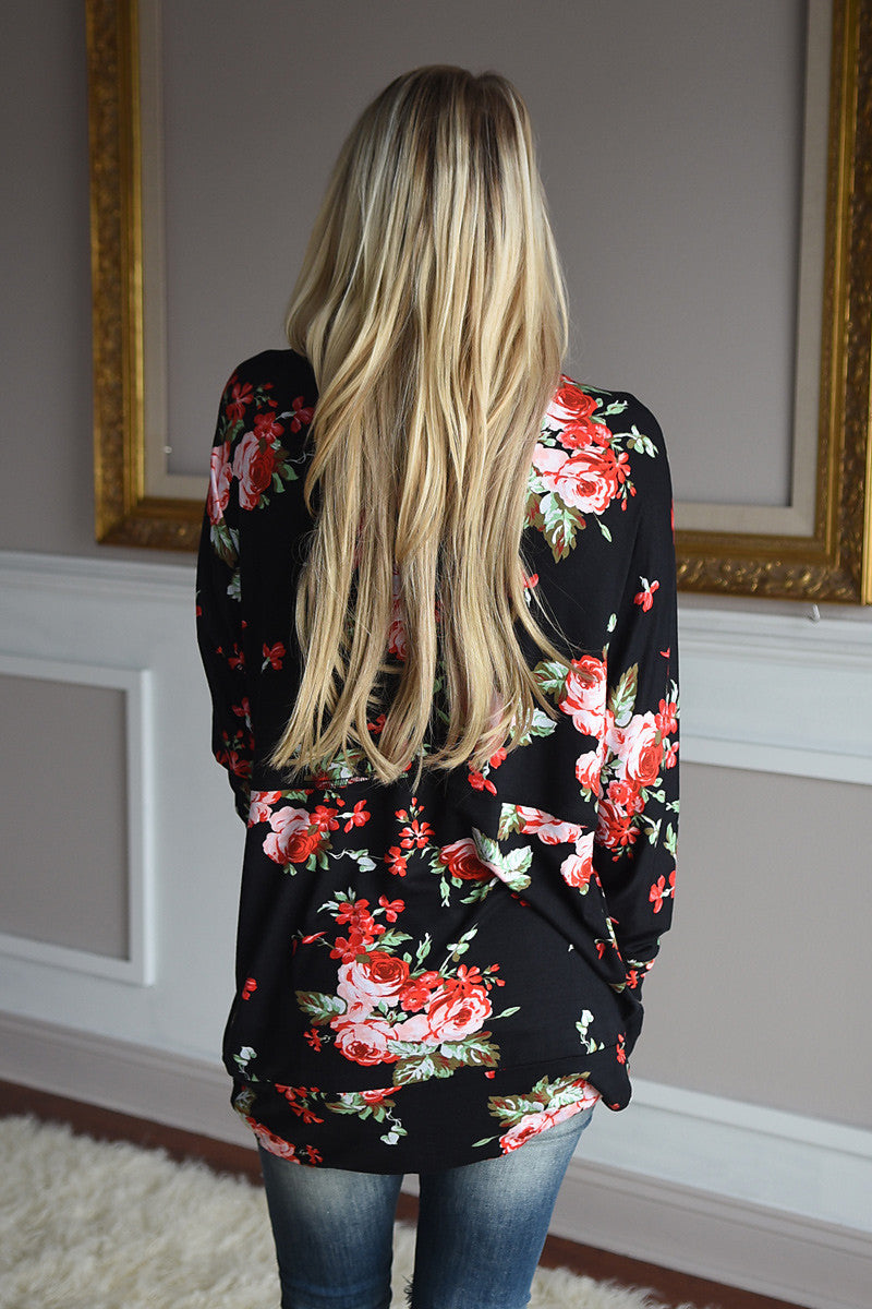 Floral Print Long Sleeves Irregular Long T-shirt