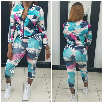 Print Zip Coat with Skinny Pants Two Pieces Set