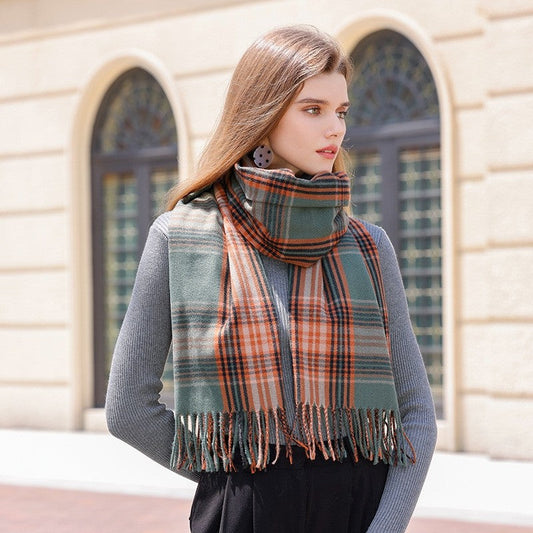 Contrast Color Plaid Tasseled Imitation Cashmere Soft Scarf