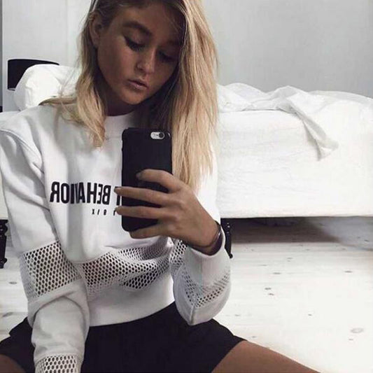 Letter Print Mesh Patchwork Transparent Short Sweatshirt