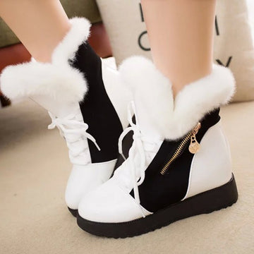 Side Zipper Faux Fur Patchwork Lace Up Flat Short Boots