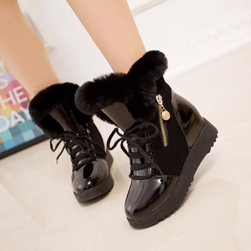 Side Zipper Faux Fur Patchwork Lace Up Flat Short Boots