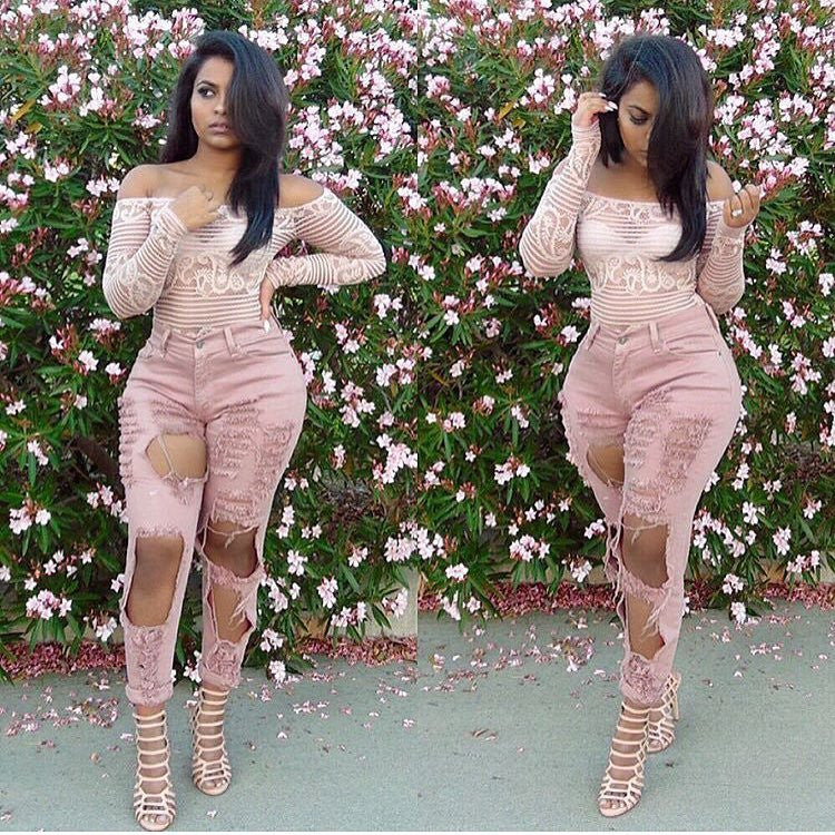Pink Ripped Hole Low Waist Long Straight Jeans