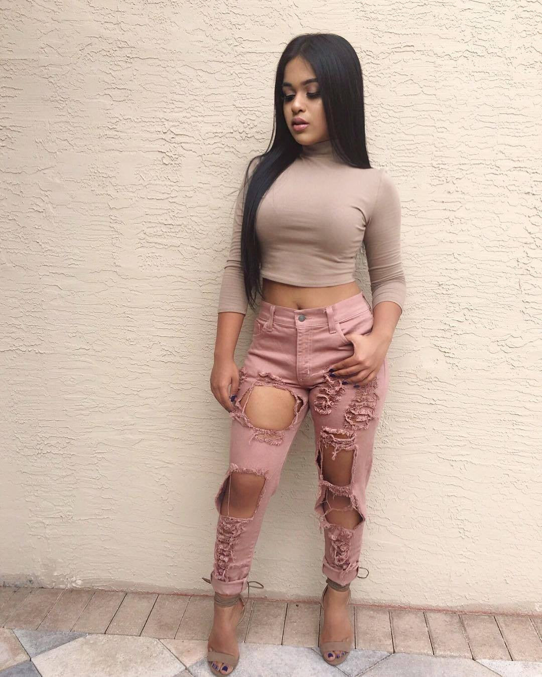 Pink Ripped Hole Low Waist Long Straight Jeans