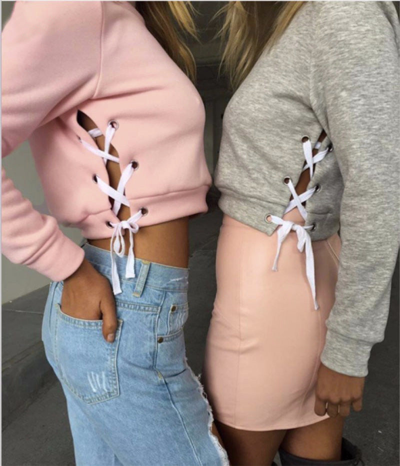 Side Straps Lace Up Solid Color Crop Top Sweatshirt