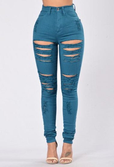 High Waist Pure Color Rips Slim Long Jeans