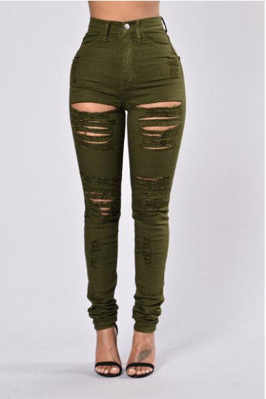 High Waist Pure Color Rips Slim Long Jeans