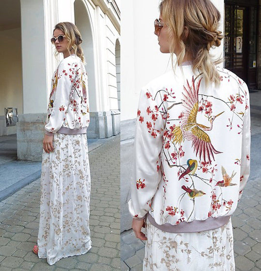 Fashion Cranes Begonia Printing White Short Jacket