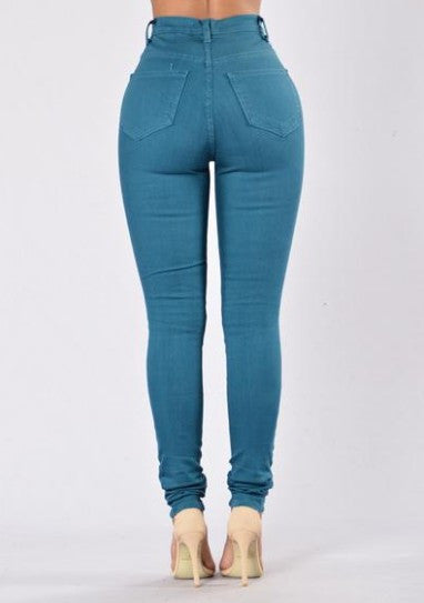 High Waist Pure Color Rips Slim Long Jeans