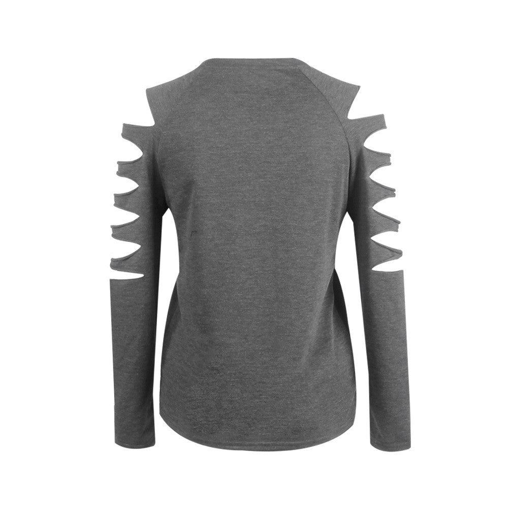 Fashion Hollow Out Long Sleeve Scoop Gray Blouse