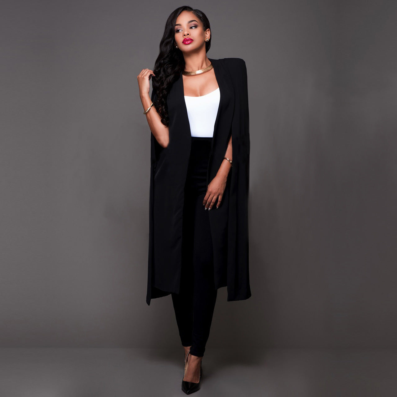 Pure Color Cape Sleeveless Long Blazer