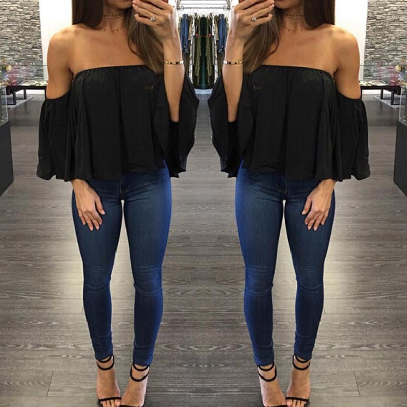 Sexy Off Shoulder Long Sleeve Chiffon Loose Blouse - Oh Yours Fashion - 5