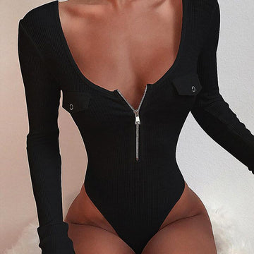 Long Sleeves Roud Zipper Neck Plunge Bodysuit