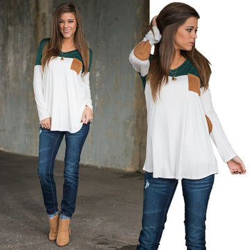 Fashion Contrast Color Long-Sleeve Round Neck Blouse