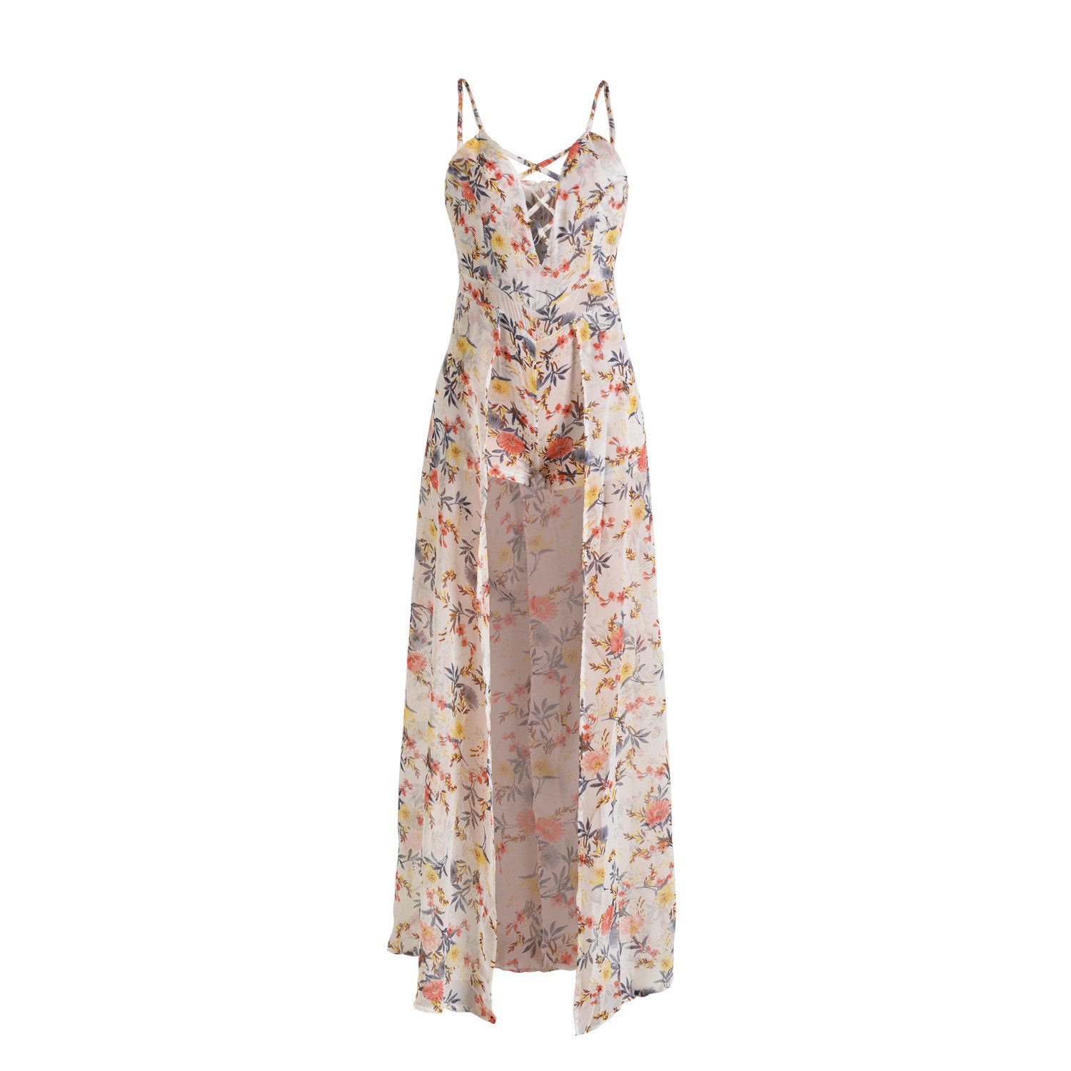 Sexy Chiffon Spaghetti Strap Print Irregular Long Dress