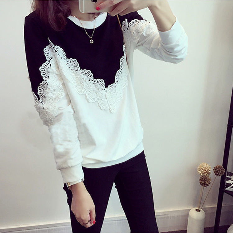 Patchwork Lace Long Sleeves Scoop Loose Blouse