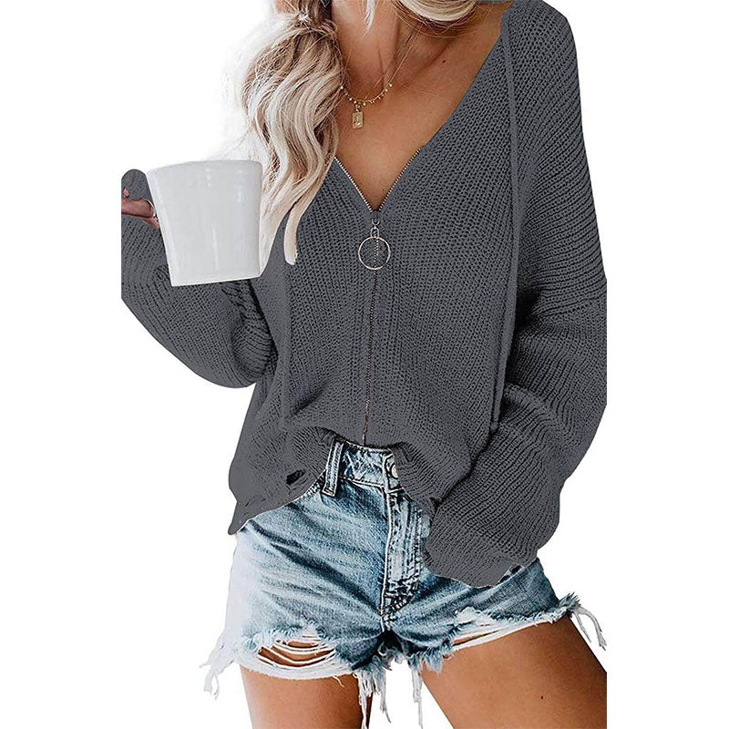 V Neck Zipper Hooded Cardigan