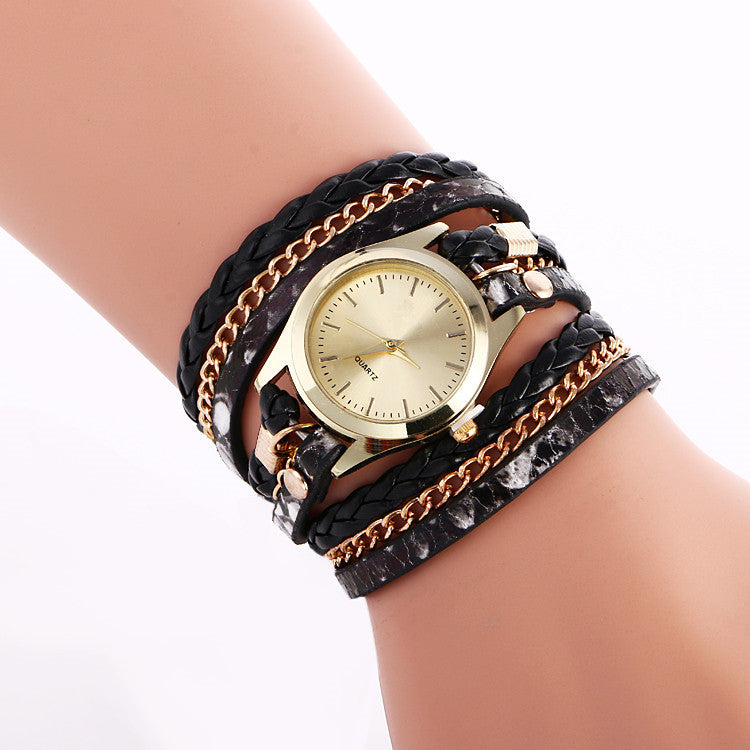 Snake Print Woven Wrap Bracelet Watch